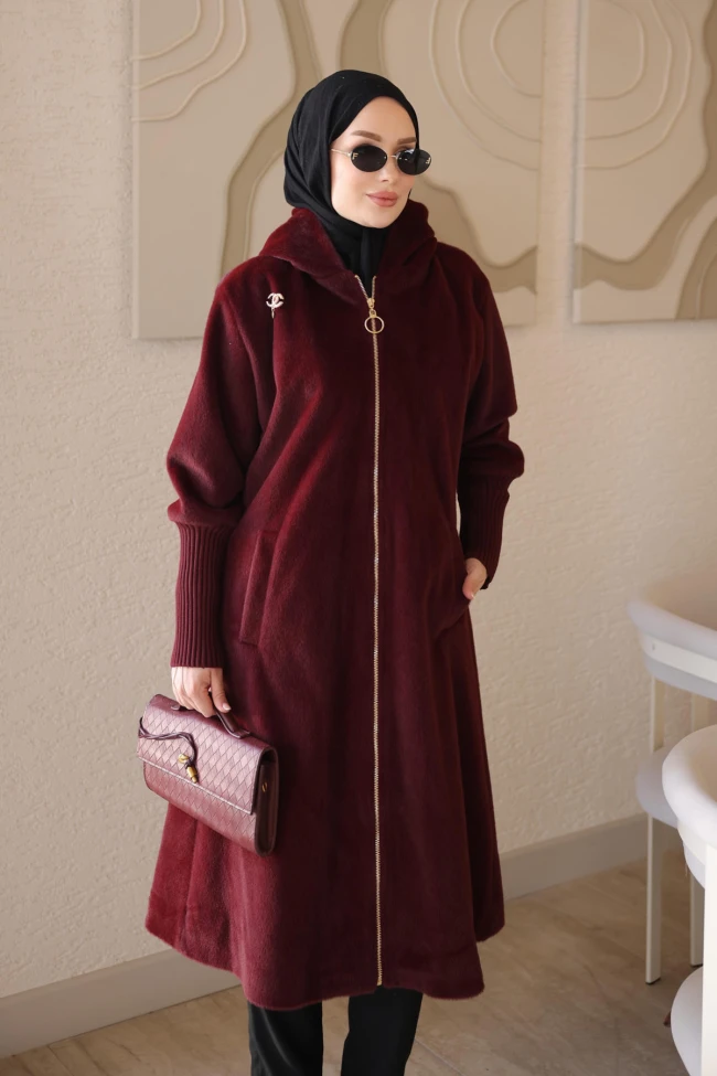 Bordo Kapüşonlu Kaban